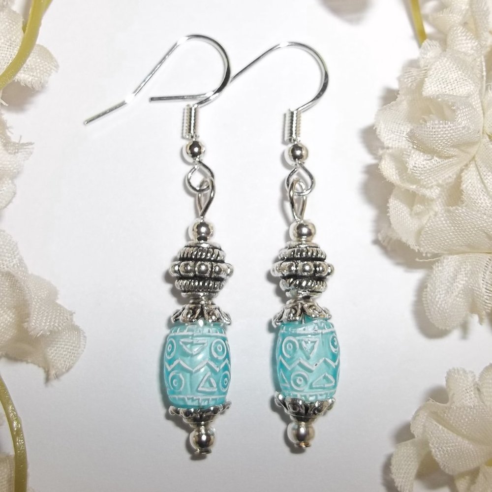 Turquoise Blue Beaded Earrings Set Handmade 5461